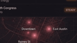 Real AustiNights signal map — hotspots across downtown, East Austin, Rainey, South Congress